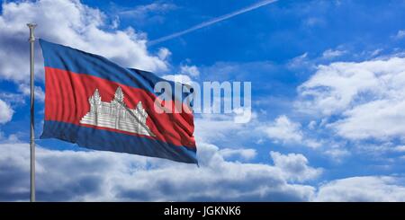 Cambogia bandiera sventola su un cielo blu sullo sfondo. 3d illustrazione Foto Stock
