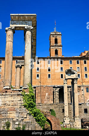 Il Templo di Saturno (Tempio di Saturno), e il Tempio di Vespasiano e Tito (retro) sul piede del Campidoglio, Foro Romano, Roma, Italia. Foto Stock