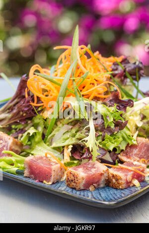 Disseccata ahi tonno servita con verdure miste, le carote grattugiate e le cipolle verdi Foto Stock