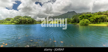 Una vista panoramica del lago a Hoomaluhia Giardini Botanici in Kaneohe su Oahu, Hawaii Foto Stock