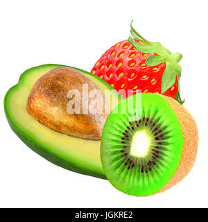 Frutti diversi isolati. Fresche, avocado kiwi e fragole isolato su sfondo bianco Foto Stock