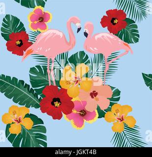 Illustrazione vettoriale di fiori tropicali sfondo flamingo Illustrazione Vettoriale