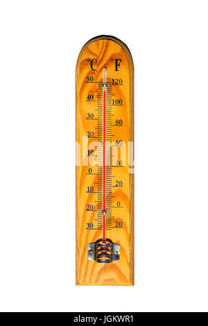 Termometro a mercurio marcatura 45 gradi Celsius, 114 gradi Fahrenheit isolato su uno sfondo bianco. L'estate calore mostrato sul termometro a mercurio. Foto Stock