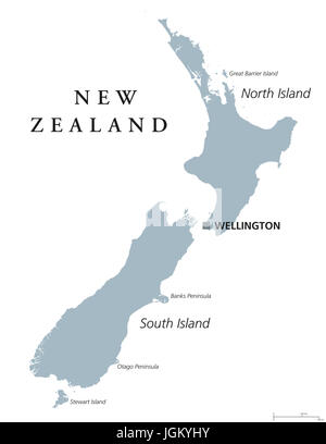 Nuova Zelanda mappa politico con capitale Wellington. Isola la nazione e il paese nel sud-ovest dell'Oceano Pacifico. Il nord e il sud dell'isola. Foto Stock