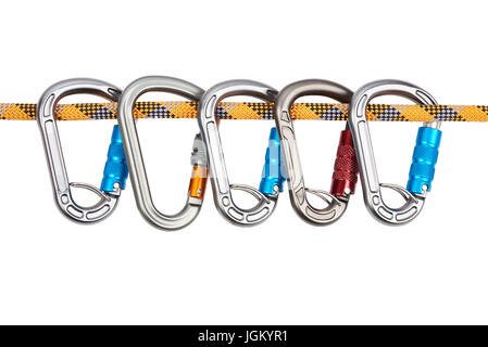 Moschettone con fune isolati su sfondo bianco Foto Stock