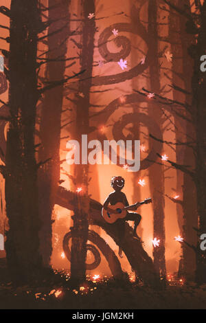 Giovane uomo a suonare la chitarra in fantasia autunno foresta con la caduta di foglie di acero, arte digitale stile, illustrazione pittura Foto Stock