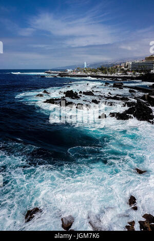 Isole Canarie, lago Martianez, spiaggia di lava, Puerto de la Cruz, lava nera beach, spagna Tenerife Foto Stock