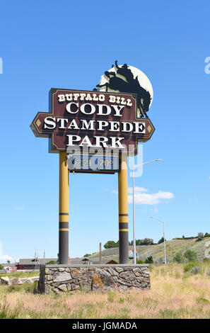 CODY, Wyoming - Giugno 24, 2017: Cody Stampede Park segno. Cody è il Rodeo Capitol del mondo. Il 2017 segna 79º anniversario di spettacoli notturni. Foto Stock