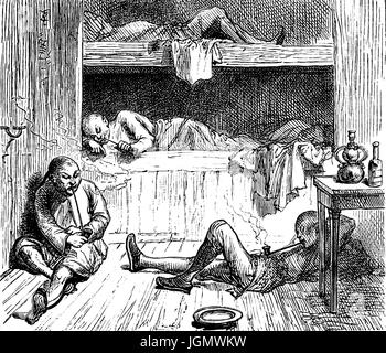 1879: Cinese i fumatori di oppio in un palazzo di oppio o Den, China Town, San Francisco, California, Stati Uniti d'America Foto Stock