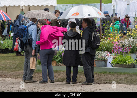 Le persone sotto gli ombrelloni, esplorare visualizza delle piante - Impianto Village, RHS Chatsworth Flower Show showground, la Chatsworth House, Derbyshire, Inghilterra, Regno Unito. Foto Stock