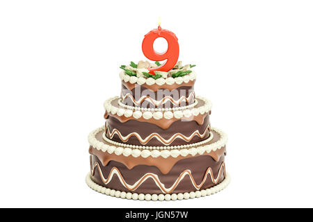 Cioccolato torta di compleanno con candela numero 9, 3D rendering isolati su sfondo bianco Foto Stock