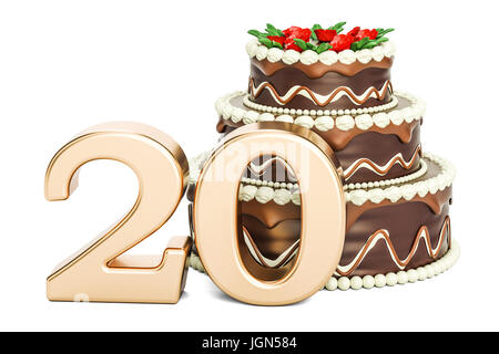 Cioccolato torta di compleanno con il numero aureo 20, rendering 3D isolati su sfondo bianco Foto Stock