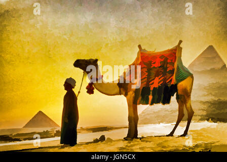 Uomo con cammello alla grande Piramide di Giza al tramonto. - Foto digitale arte pittura Foto Stock