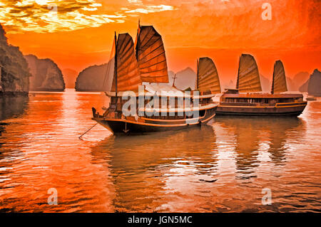 Giunche turistico al tramonto sulla baia di Halong, Vietnam. - Foto digitale arte pittura Foto Stock