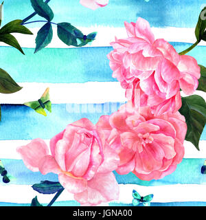 Seamless teal pattern con acquerello Rose e farfalle Foto Stock