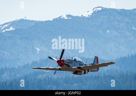 Truckee, California, USA. 8 Luglio, 2017. KEN GOTTSCHALL vola il suo North American P-51D Mustang durante il Truckee Tahoe Air Show e festa in famiglia il Truckee Tahoe Airport (quota 5901 ft.) in Truckee, California, sabato 8 luglio 2017. La partecipazione di aerei e di piloti includono:.P-51, pilota Ken Gottschall.Alpha Jet, pilota Mark Peterson.T-6, pilota Barry Hancock.BF biplano9-2, pilota di Danny Sorensen.Cessna 206/Launch Jump piano.Firecat L-39, pilota ricca Perkins.bordo 540 & Red Bull Air Force Wingnuts, pilota Kirby Chambliss.Phenom 300, pilota Erik Pilegaard (credito Immagine: © Tracy Barb Foto Stock