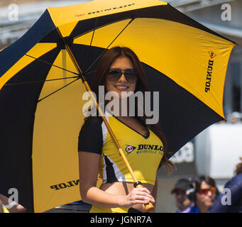 Monterey, STATI UNITI D'AMERICA. 8 lug 2017. Dunlop ragazza alla linea di partenza prima della Motul Superbike FIM Superstock 1000 gara 1 U.S Round al Mazda Raceway Laguna Seca Monterey, CA Thurman James/CSM Credito: Cal Sport Media/Alamy Live News Foto Stock