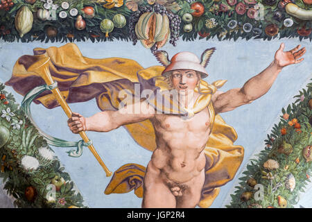 Il mercurio, Loggia di Cupido alla psiche, affresco di Giulio Romano, Villa Farnesina, Roma, Italia Foto Stock