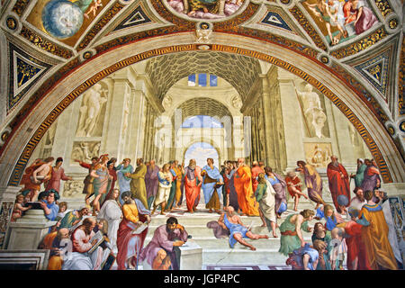 'La Scuola di Atene" ("La Scuola di Atene") in Stanze di Raffaello ("Stanze di Raffaello'), Musei Vaticani, Città del Vaticano. Foto Stock