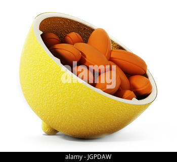 La vitamina C pillole all'interno di mezzo limone isolati su sfondo bianco. 3D'illustrazione. Foto Stock