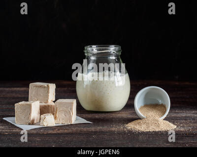 I diversi tipi di lievito. Fresco di lievito pressato, a secco di lievito istantaneo e attiva il grano di pasta madre (lievito selvatico) su un tavolo di legno. Tasto basso. Focu selettiva Foto Stock