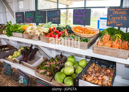 Varietà di produrre in cassonetti nella vecchia fattoria strada Stand Foto Stock