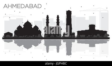 Ahmedabad skyline della città in bianco e nero con silhouette riflessioni. illustrazione vettoriale. cityscape con punti di riferimento Illustrazione Vettoriale