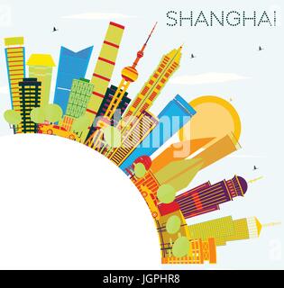 Lo skyline di Shanghai con edifici di colore, il blu del cielo e spazio copia. illustrazione vettoriale. viaggi di affari e di turismo con il concetto di architettura moderna. Illustrazione Vettoriale