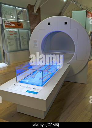 Modello di scanner TC utilizzato nella riproduzione di King Richards scheletro (di fronte), re Richard III Visitor Center mostra, Leicester, England, Regno Unito Foto Stock