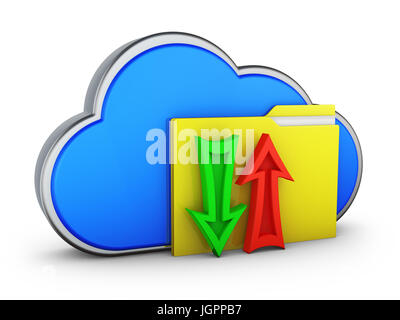 Una nuvola blu con una cartella e due frecce. Il rendering 3d. Foto Stock