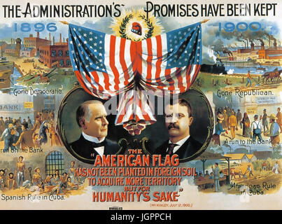 AMERICAN 1900 elezioni presidenziali Repubblicani poster con il presidente William McKinley a sinistra e il suo vice candidato presidenziale Theodore Roosevelt. Il lato del contrasto delle immagini gli effetti della democratica e amministrazioni repubblicane. Foto Stock