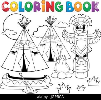 Libro da colorare Native American campeggio - eps10 illustrazione vettoriale. Illustrazione Vettoriale