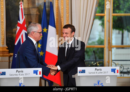 Parigi, Francia. 8 lug 2017. Il Presidente francese Emmanuel Macron e il Primo Ministro australiano Malcolm Turnbull in una conferenza stampa presso l'Elysee a Parigi, sabato 8 luglio 2017 Credit: francois pauletto/Alamy Live News Foto Stock