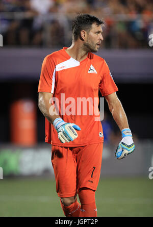 Miami, Florida, Stati Uniti d'America. 08 Luglio, 2017. San Francisco Delta portiere Romualdo Peiser (1) durante un North American Soccer League tra San Francisco Delta vs Miami FC a Riccardo Silva Stadium di Miami, Florida. Miami FC ha vinto 7-0. Mario Houben/CSM/Alamy Live News Foto Stock