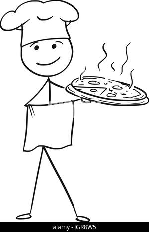 Vettore di Cartoon stick uomo stickman disegno dei maschi di cucinare cuoco chef hat tenendo la piastra del vassoio con la pizza. Illustrazione Vettoriale