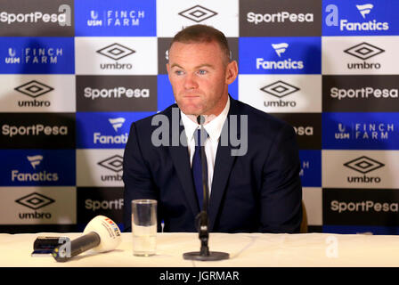 Nuova firma di Everton Wayne Rooney parla durante la conferenza stampa al Goodison Park di Liverpool. Foto Stock