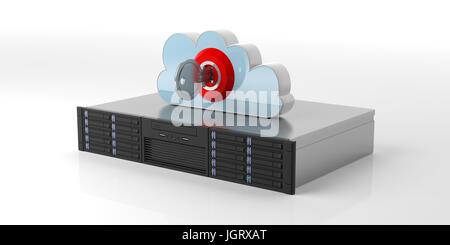 Computer server di storage e cloud con blocco su sfondo bianco. 3d illustrazione Foto Stock