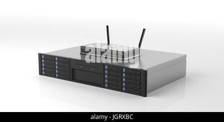 Il computer server di unità di memorizzazione e di router wifi isolati su sfondo bianco. 3d illustrazione Foto Stock