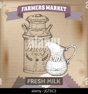 Vintage farmers market etichetta con latte di metallo può e la brocca. Illustrazione Vettoriale