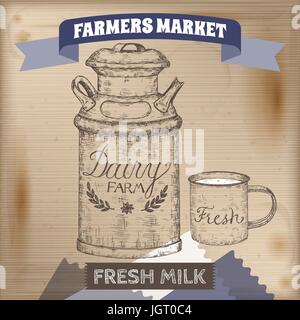 Vintage farmers market etichetta con latte di metallo può e smalto mug. Illustrazione Vettoriale