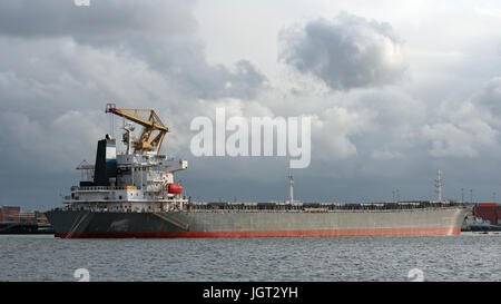 Gru e container a fianco di contenitore nave ormeggiata in banchina commerciale. Contenitore industriale agli scambi di merci porto scena. Foto Stock