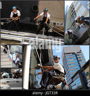 Collage di fotografie che mostrano i lavoratori il lavaggio della facciata di Windows di un ufficio moderno edificio. Foto Stock