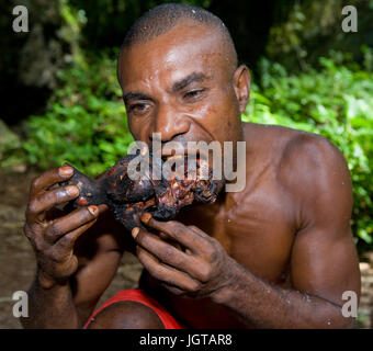 Nuova Guinea, Indonesia - 13 gennaio: Uomo tribù Yaffi mangiare un pezzo di carne. Foto Stock