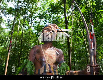 Nuova Guinea, Indonesia - 13 gennaio: i guerrieri di una tribù di Papua di Yafi in abiti tradizionali, ornamenti e colorazione. Foto Stock