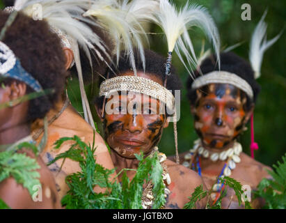 Nuova Guinea, Indonesia - 13 gennaio: Ritratto di una donna tribale tradizionale Yaffi colorazione. Foto Stock