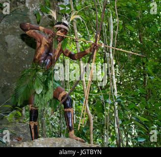 Nuova Guinea, Indonesia - 13 gennaio: i guerrieri di una tribù di Papua di Yafi in abiti tradizionali, ornamenti e colorazione. Foto Stock