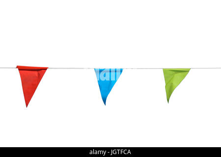 Bunting con tre bandiere triangolari multicolore isolate su sfondo bianco. Foto Stock