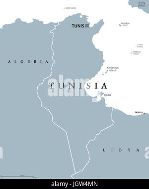 Tunisia mappa politico con capitale Tunisi e frontiere. Repubblica tunisina. Paese arabo nella regione del Maghreb del Nord Africa. Illustrazione di grigio. Foto Stock