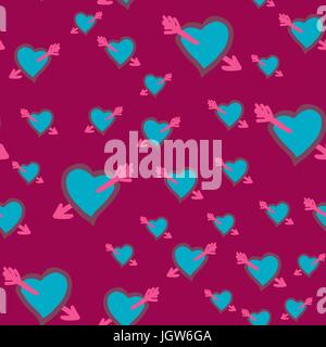 Cuore ferito dalla freccia di Cupido. Il giorno di San Valentino, wedding design seamless cuori vintage. Disegno a mano doodle vettore. Amore, romantico arredamento, ,citazioni, freccia Illustrazione Vettoriale