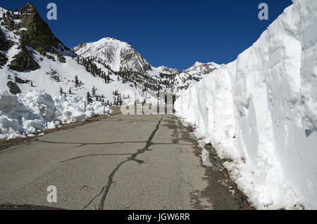La strada di montagna fino Onion Valley con parete di stato eliminato di recente la neve su un lato Foto Stock